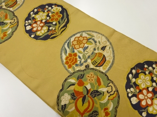 アンティーク　鏡裏に花模様織出し袋帯（材料）